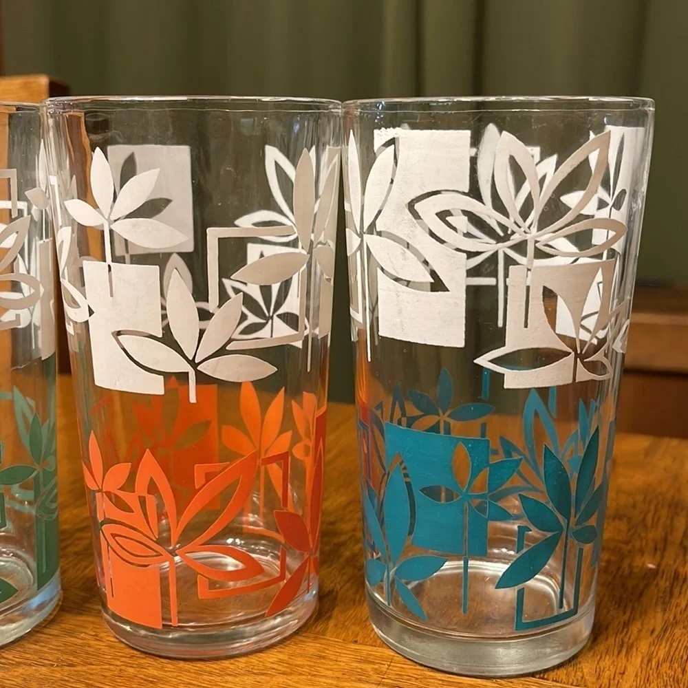 Vintage MCM Highball Tiki Juice Glass Set Peanut Butter Tiki Floral Barware Set